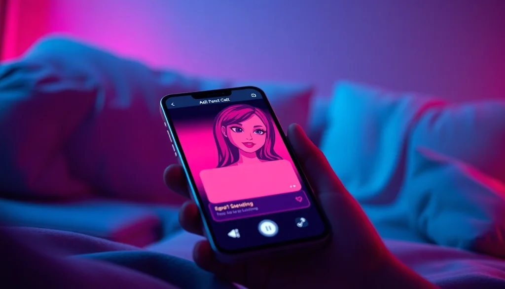 AI sexting chat interface with an engaging animated character on a smartphone, set in a cozy atmosphere.