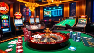 Exciting gambling scene at RR88 featuring high-quality cards and roulette wheel.