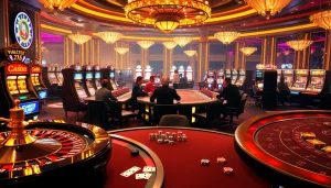 Experience the excitement of luck8 at a luxurious casino with roulette, slots, and engaging players.
