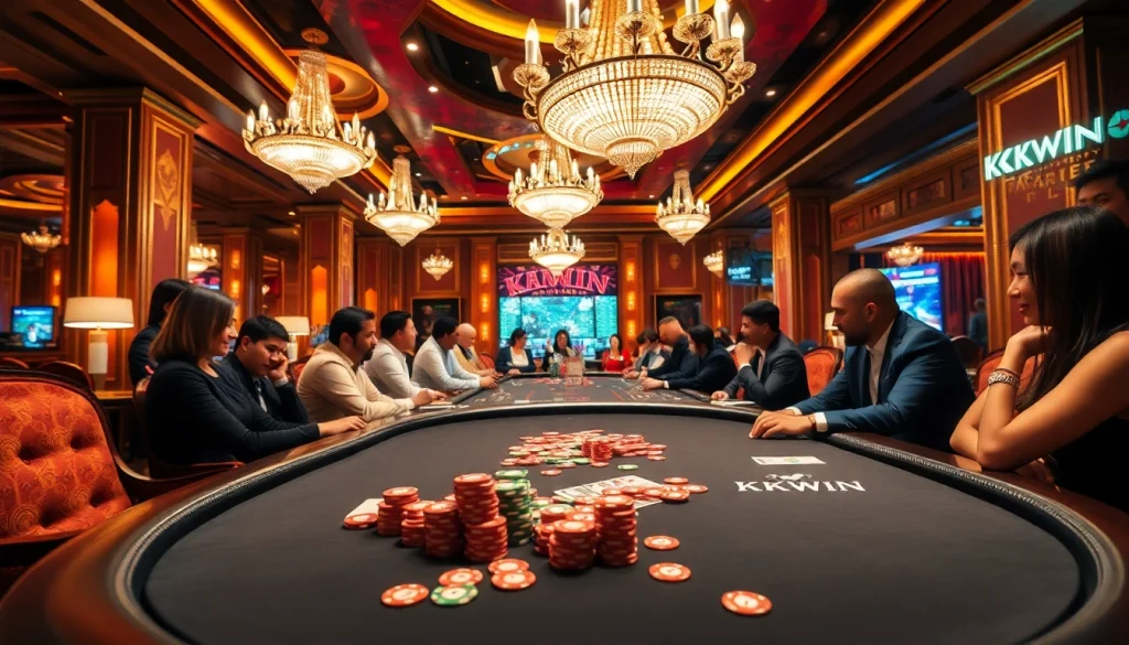 Players celebrating wins at a lively KKWIN poker table in an elegant casino atmosphere.