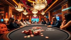 Players celebrating wins at a lively KKWIN poker table in an elegant casino atmosphere.