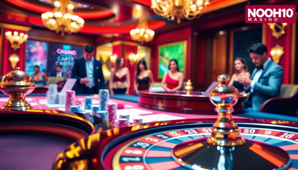 Engaging casino scene at NOHU90 with poker chips, cards, and roulette wheel.