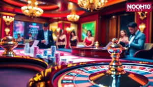Engaging casino scene at NOHU90 with poker chips, cards, and roulette wheel.