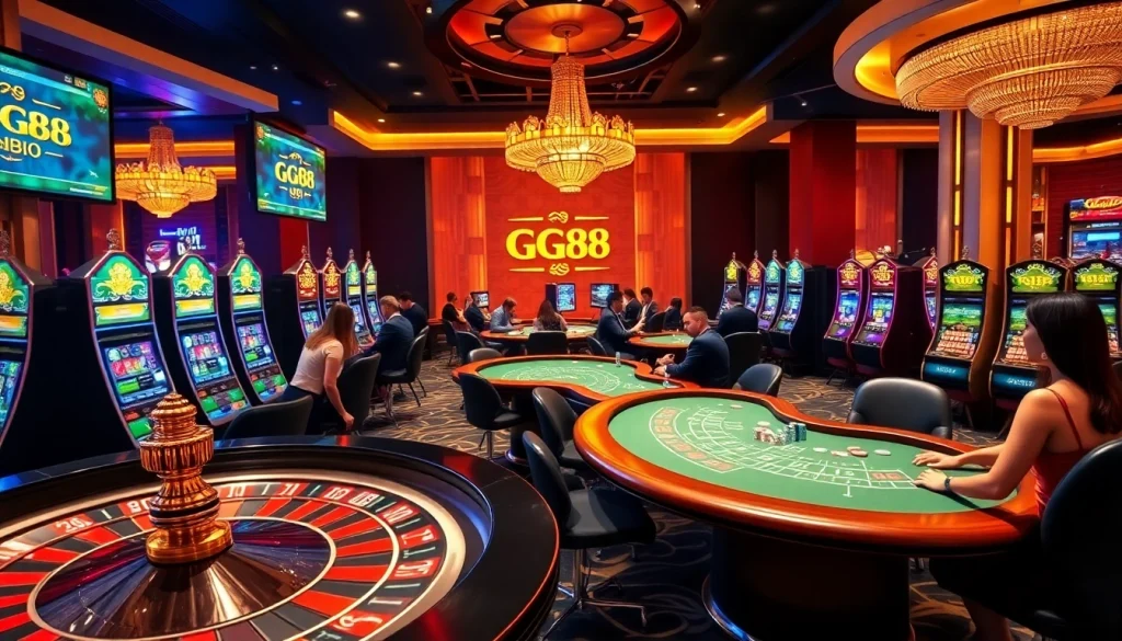 GG88 exhilarating online casino gaming scene with vibrant roulette and slot machines