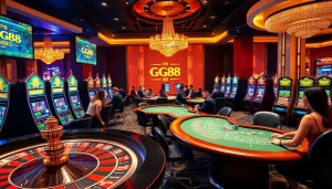 GG88 exhilarating online casino gaming scene with vibrant roulette and slot machines