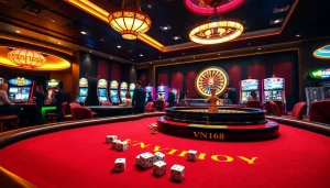 Engage in the thrilling atmosphere of VN168 casino gaming with vibrant tables and lively slot machines.