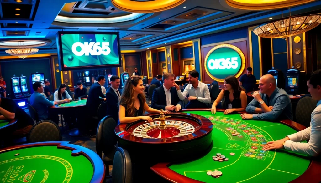 Engaged players enjoying a vibrant casino experience at OK365 with colorful tables and slot machines.