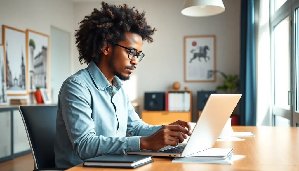 Traducteur assermenté à Strasbourg travaillant sur des documents juridiques dans un bureau moderne.