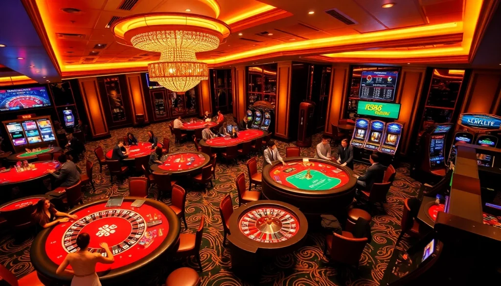 Exciting casino scene showcasing gaming tables from https://rr88.wales/ with poker action and roulette.