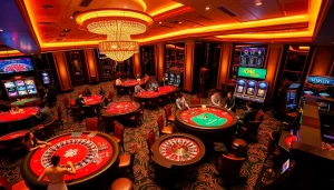 Exciting casino scene showcasing gaming tables from https://rr88.wales/ with poker action and roulette.