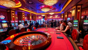 UU88 gaming area displaying vibrant casino tables, roulette wheel, and engaged players in a luxurious setting.