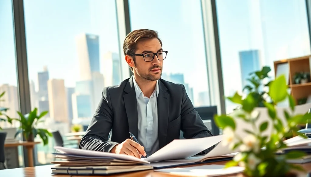 Environmental lawyer discussing legal matters with clients in a sunlit office, emphasizing collaboration and professionalism.