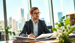 Environmental lawyer discussing legal matters with clients in a sunlit office, emphasizing collaboration and professionalism.