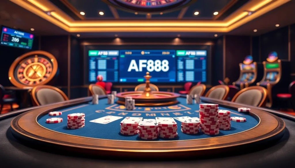 Experience thrilling gameplay at AF88 with vibrant poker tables and dynamic casino elements.