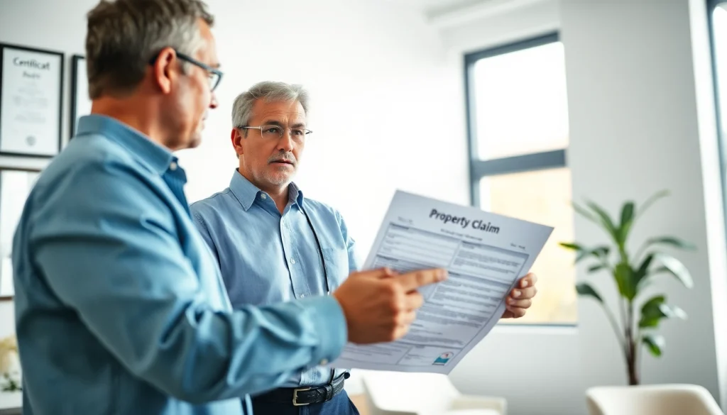 Public Adjuster Near Me assisting a homeowner in a modern office for insurance claims resolution.