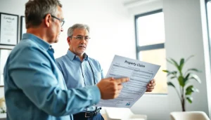 Public Adjuster Near Me assisting a homeowner in a modern office for insurance claims resolution.