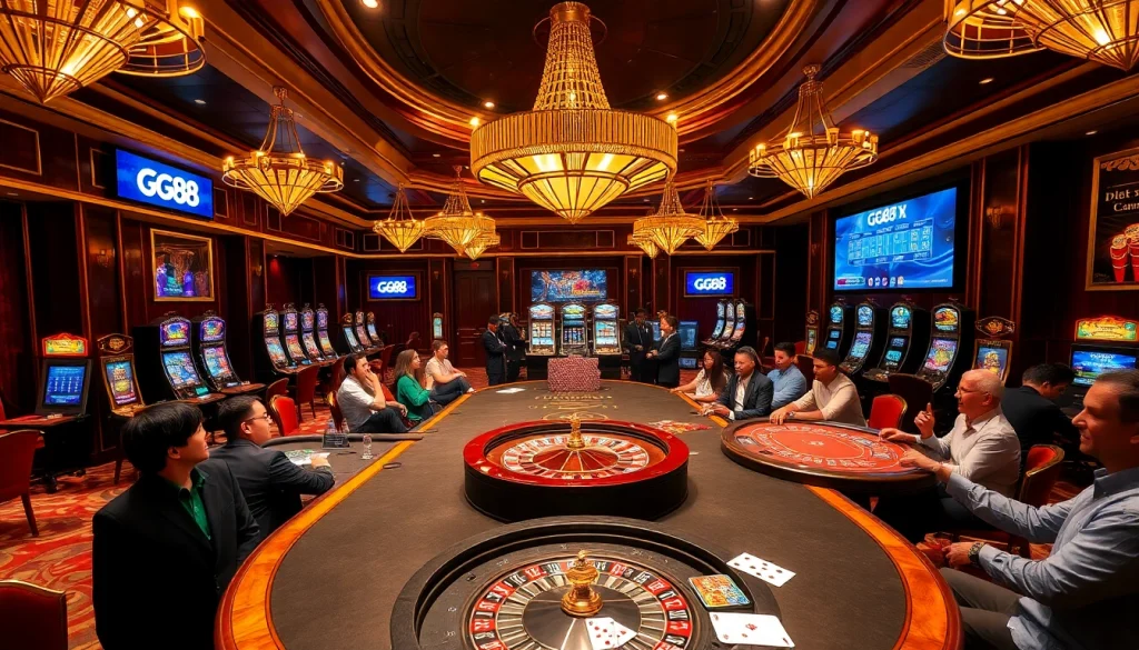 Players celebrate big wins at GG88, surrounded by vibrant casino ambiance and thrilling games.