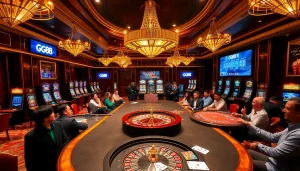 Players celebrate big wins at GG88, surrounded by vibrant casino ambiance and thrilling games.