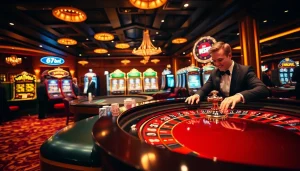 Experience the excitement of 67bet casino action with a vibrant roulette table and glowing slot machines.