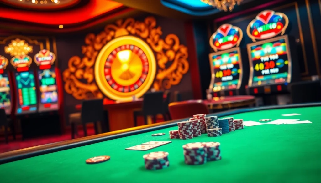 Engaging virtual gambling scene at vn168 showcasing poker, roulette, and slot machines.