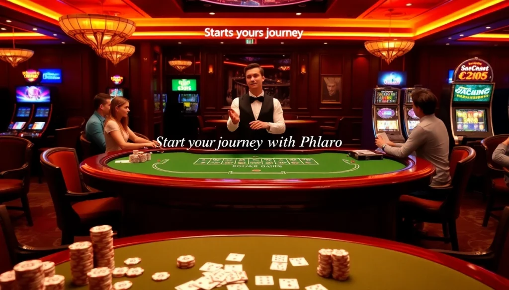 Start your journey with Phlaro at a luxurious baccarat table surrounded by vibrant slots and inviting players.