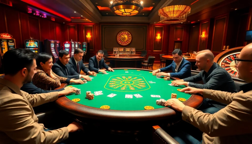 Experience the thrill of poker at https://gg88.biz/, featuring players immersed in a high-stakes game surrounded by elegant casino elements.
