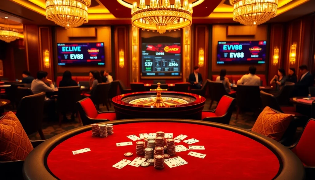 Engaging poker game scene at an EV88 casino with luxury ambiance and high stakes.
