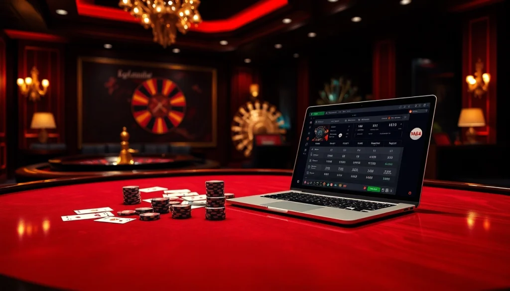 DAGA gaming scene with poker cards, roulette wheel, and live betting interface displayed on laptop.