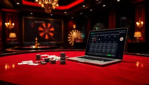 DAGA gaming scene with poker cards, roulette wheel, and live betting interface displayed on laptop.