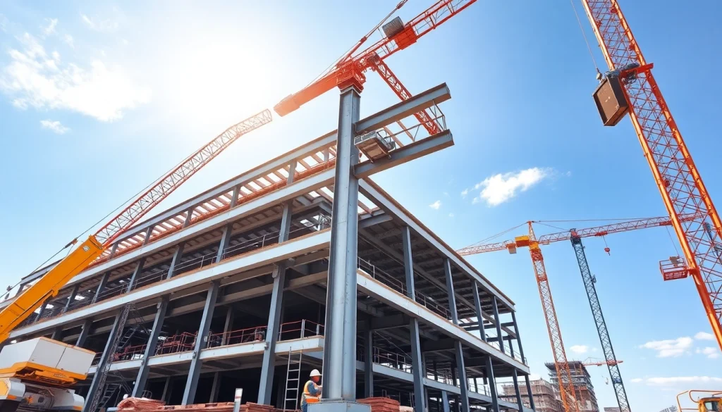 Constructing structural steel construction on-site with cranes and active teamwork.