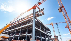 Constructing structural steel construction on-site with cranes and active teamwork.