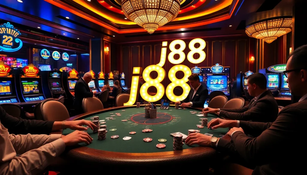 Exciting poker action with j88 branding in a vibrant casino setting.