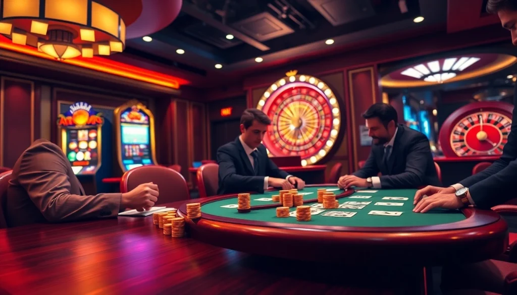 Engaging poker session at a luxurious casino table highlighting https://nohu90pa.com with golden chips.