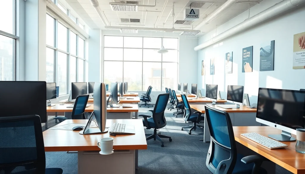Engaged professionals at a typing center showcasing modern workspaces and technology in a bright setting.
