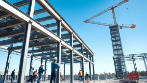 Workers engaged in structural steel construction, focusing on teamwork and building infrastructure.