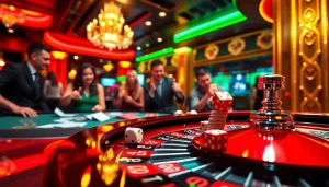 Engaging setup of csgo gambling sites with players at a roulette table in a vibrant casino.