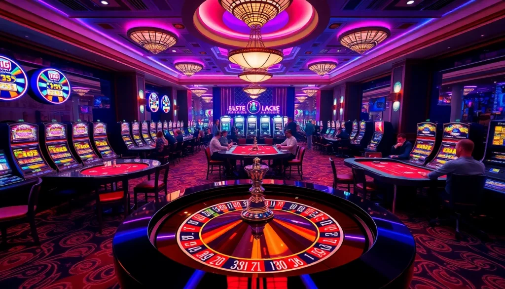 Experience the excitement of gambling at luck8 with a vibrant casino environment featuring roulette and poker tables.
