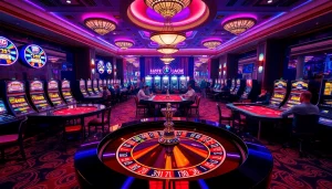Experience the excitement of gambling at luck8 with a vibrant casino environment featuring roulette and poker tables.