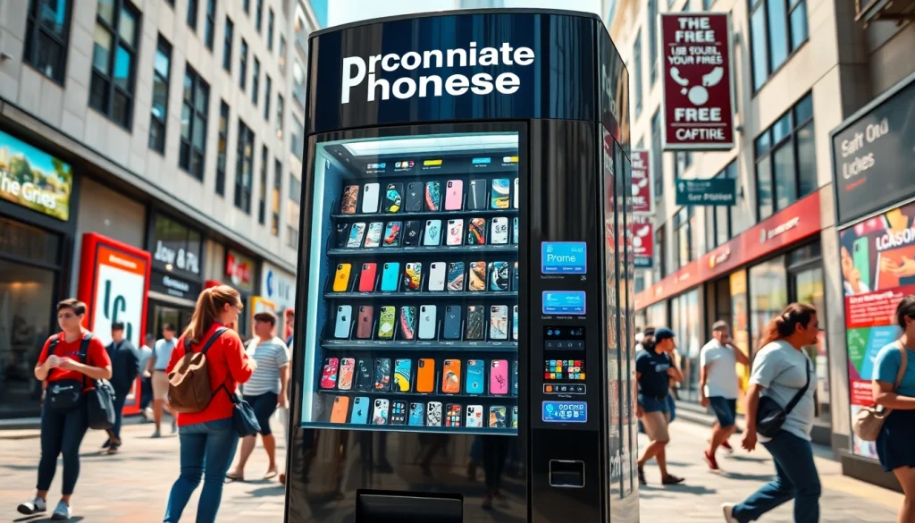 A modern phone case vending machine offering customizable options in a busy urban setting.