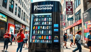 A modern phone case vending machine offering customizable options in a busy urban setting.