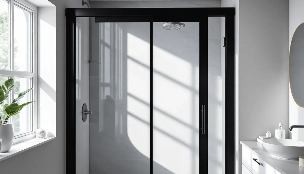 Stylish black frame shower door in a modern bathroom, highlighting elegance and transparency.
