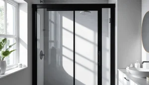 Stylish black frame shower door in a modern bathroom, highlighting elegance and transparency.