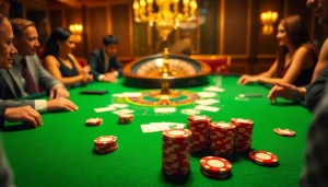 Cảnh sòng bạc LUCK8 với các trò chơi sống động, chip poker và bàn roulette cho trải nghiệm đánh bạc hấp dẫn.