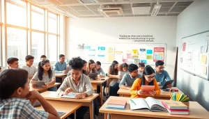Education-focused classroom scene showcasing diverse students engaged in collaborative learning.