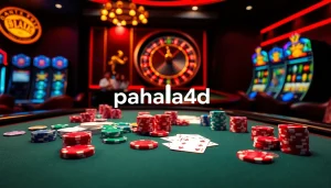 Pahala4d poker action with dynamic chips and cards at an elegant casino table.