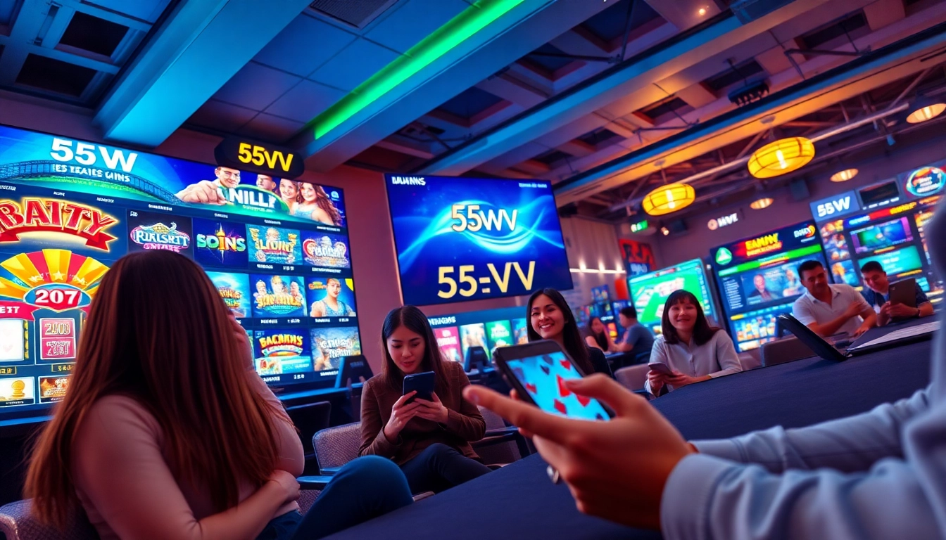 55VV online betting platform with vibrant interface showcasing games and sports, inviting players.