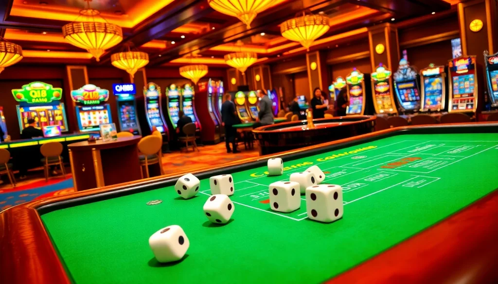 Experience the thrill of QH88 at a vibrant casino with live gaming and slot machines.