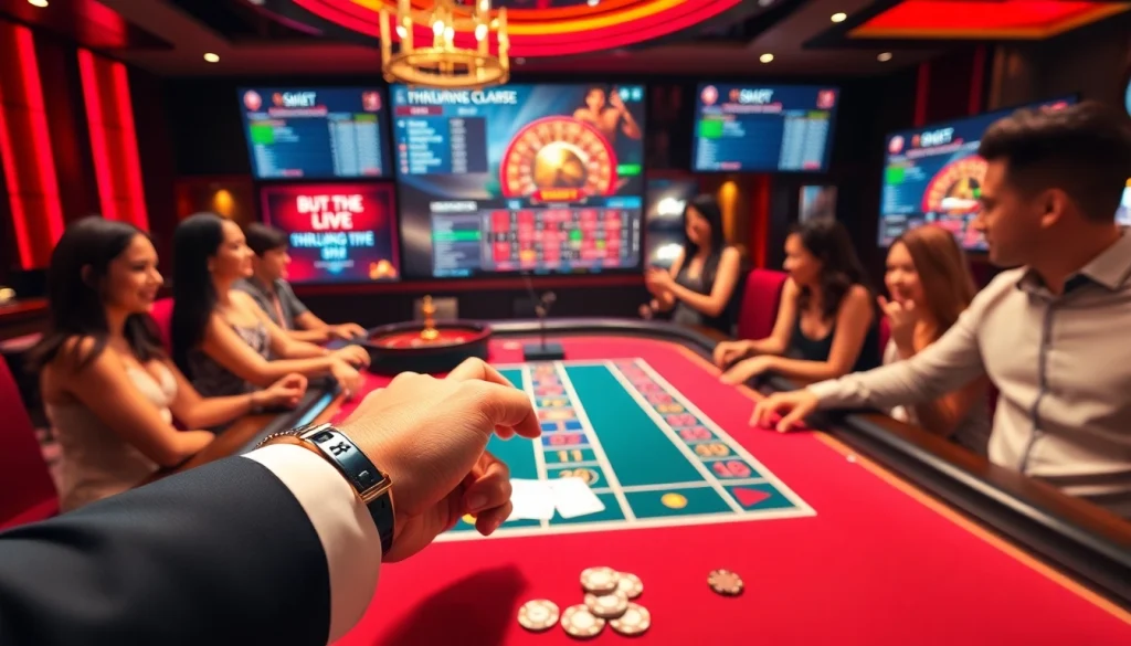 Players enthusiastically gamble at a luxurious SOIBET casino table, showcasing excitement and elegance.