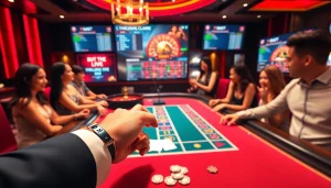 Players enthusiastically gamble at a luxurious SOIBET casino table, showcasing excitement and elegance.