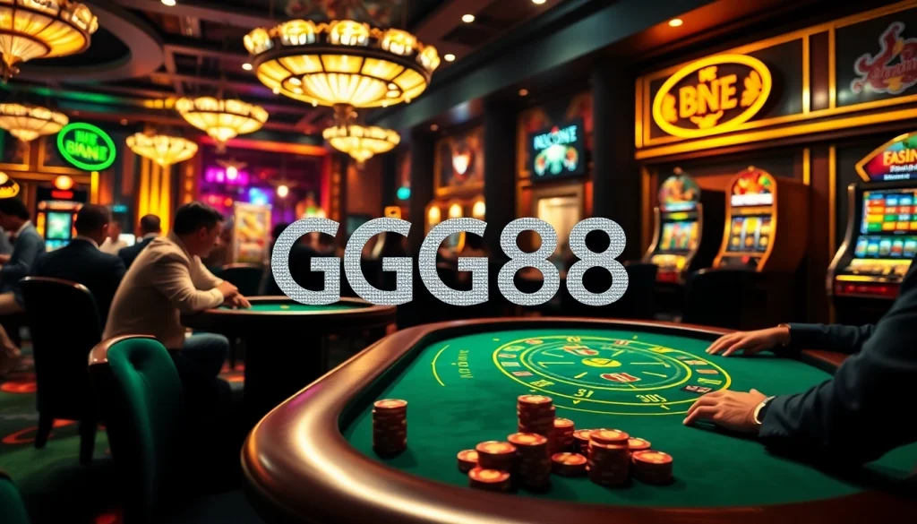 Players engaging in exciting high-stakes poker at GG88 casino, surrounded by vibrant casino elements.